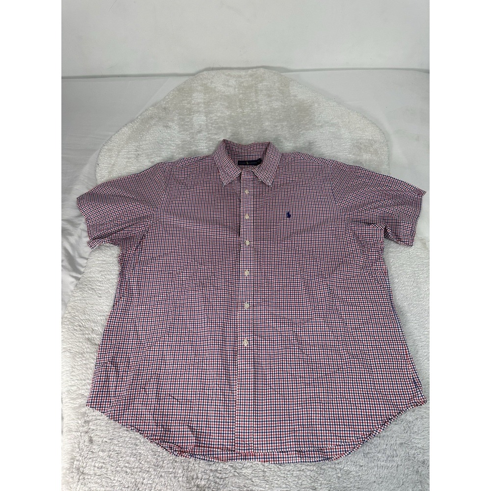 Ralph Lauren Men's‎ Button Down Short Sleeeve Micro Grinham Plaid Blue Red XXL